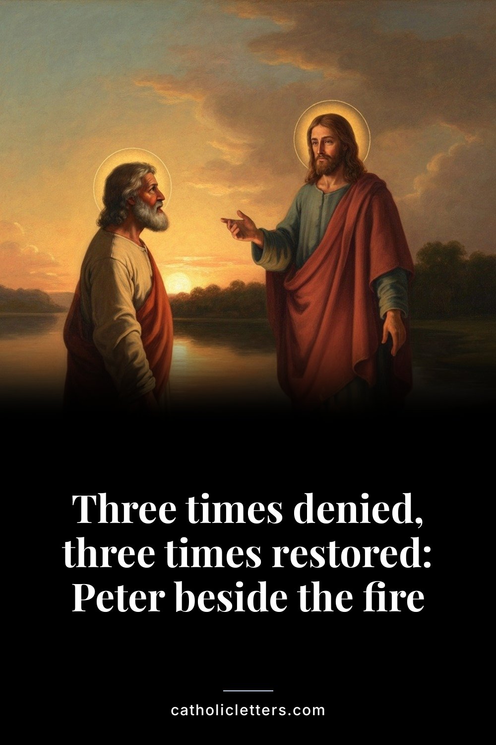Three times denied, three times restored: Peter beside the fire — Pinterest pin