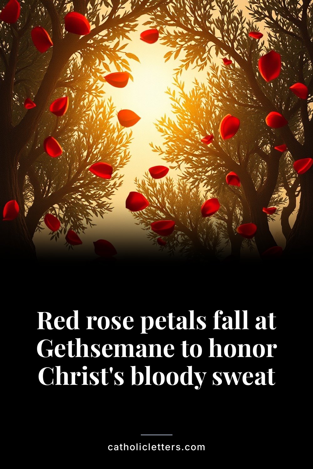Red rose petals fall at Gethsemane to honor Christ's bloody sweat 2 Red rose petals fall at Gethsemane to honor Christ's bloody sweat — Pinterest pin